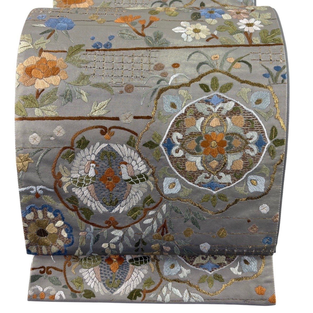 袋帯 名品 花唐草 花 銀糸 刺繍 灰色 六通 正絹｜中古・古着