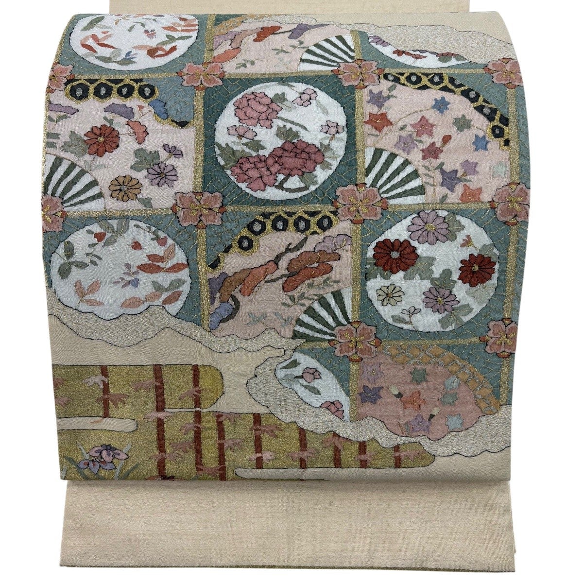 袋帯 逸品 格天井 ヱ霞 金糸 薄オレンジ お太鼓柄 正絹｜中古・古着