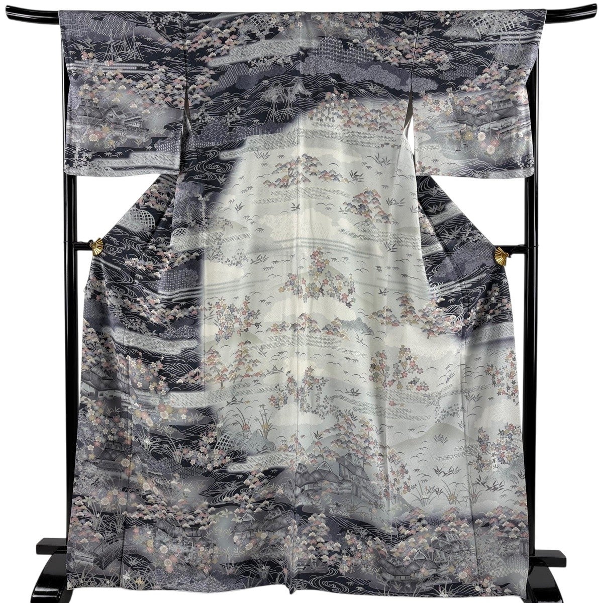 訪問着 身丈166cm 裄丈63cm 正絹 名品 【中古】 紬 身丈166cm 裄丈65cm M 袷 幾何学 焦茶色 正絹 秀品｜中古・古着
