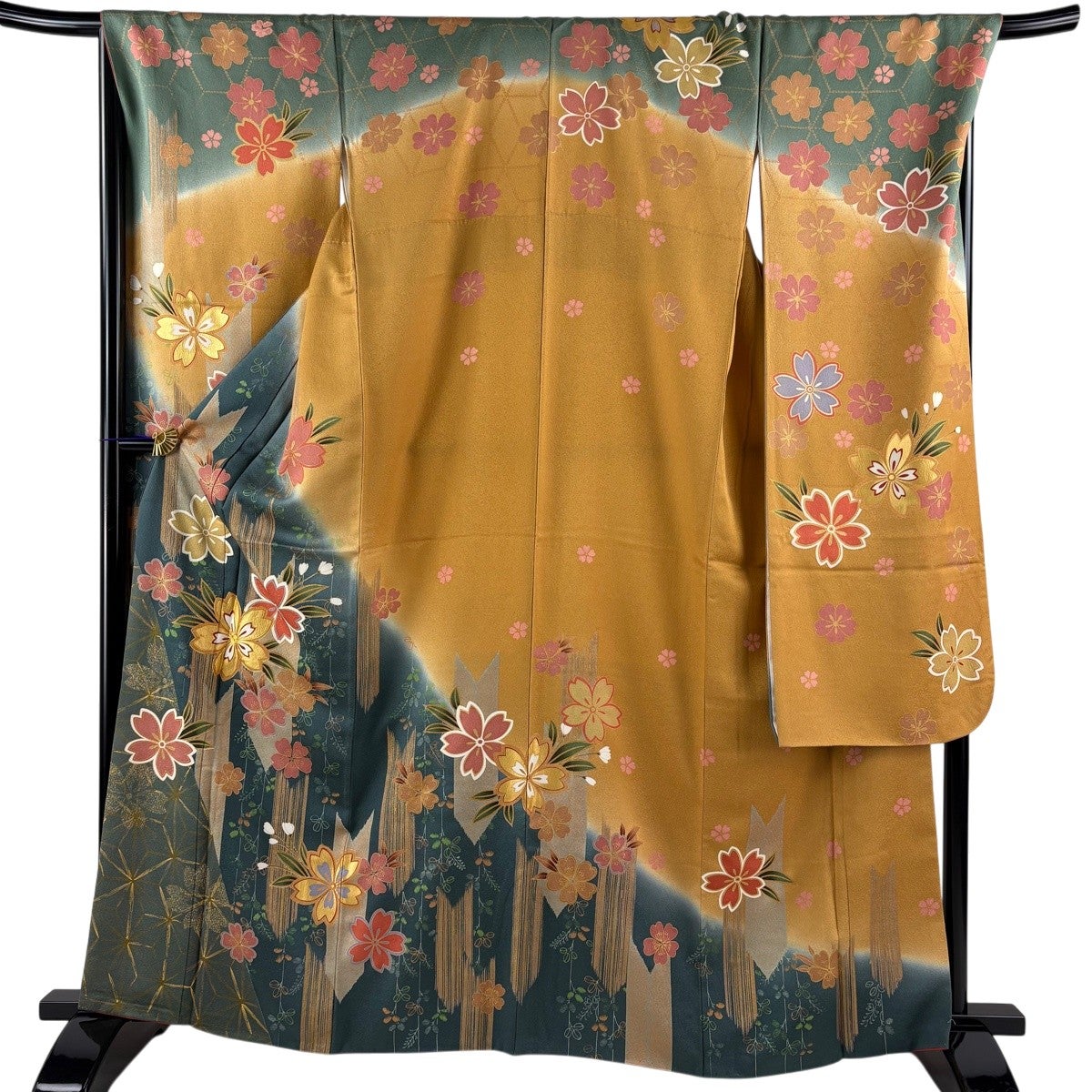 振袖 身丈166cm 裄丈67.5cm L 袷 扇 牡丹 金糸 金彩 深緑 正絹 秀品