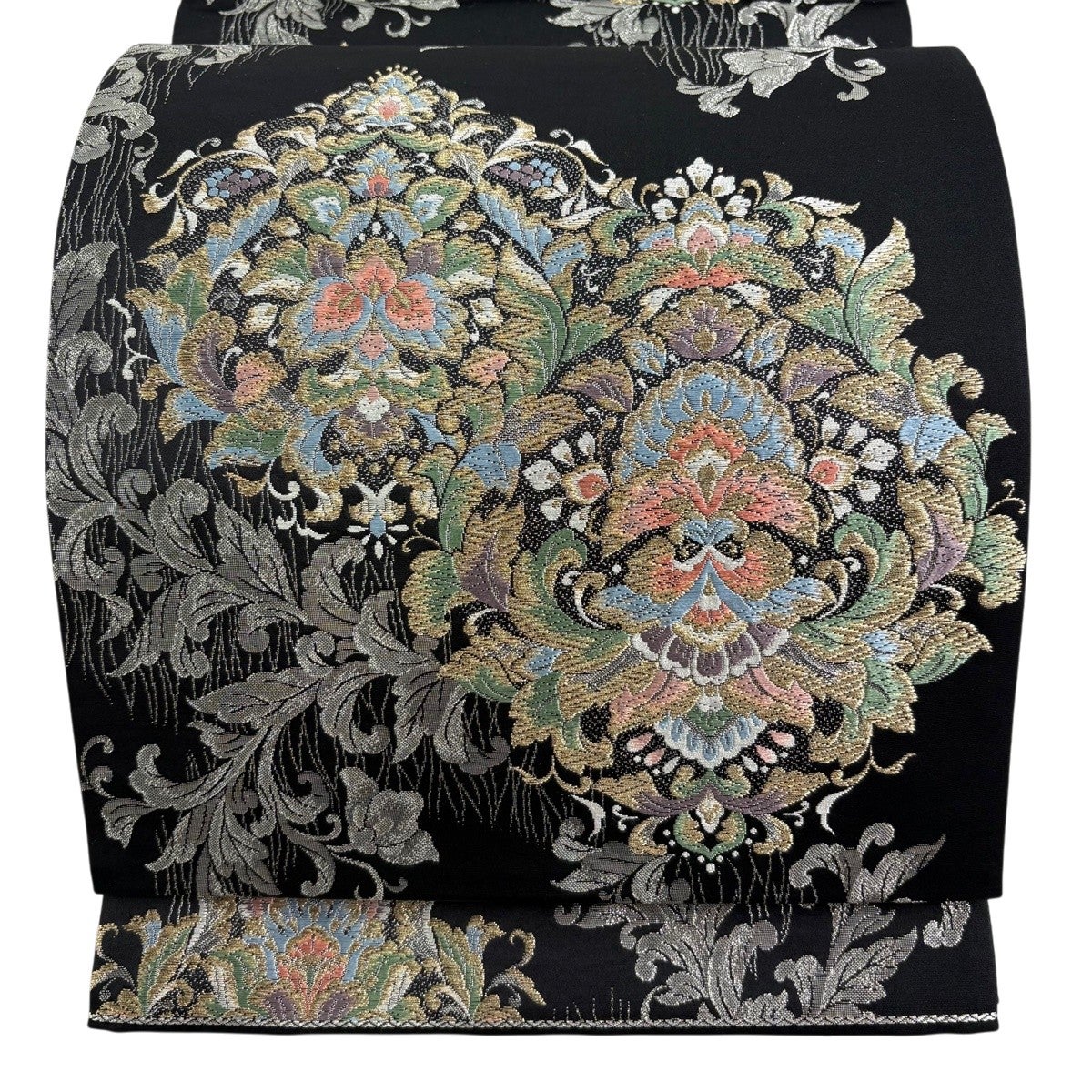 50%OFF 【美品】 袋帯 秀品 有職華文 草花 唐織 箔 灰白 六通 正絹 K50 