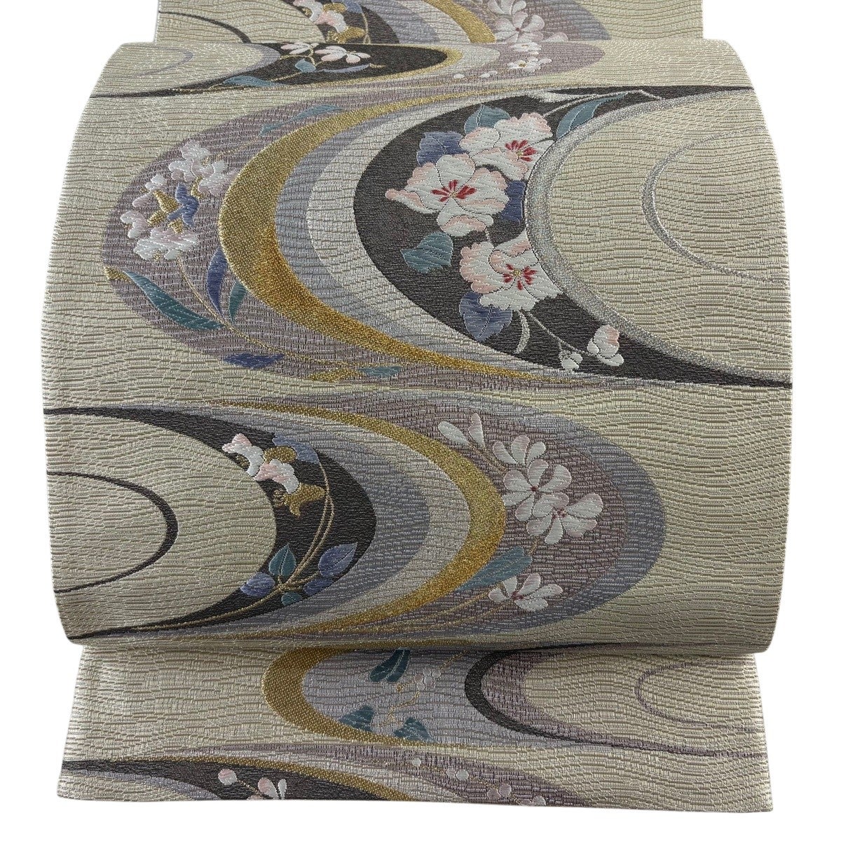 美品】 袋帯 秀品 鈴乃屋 草花 幾何学模様 金銀糸 ベージュ 六通 正絹