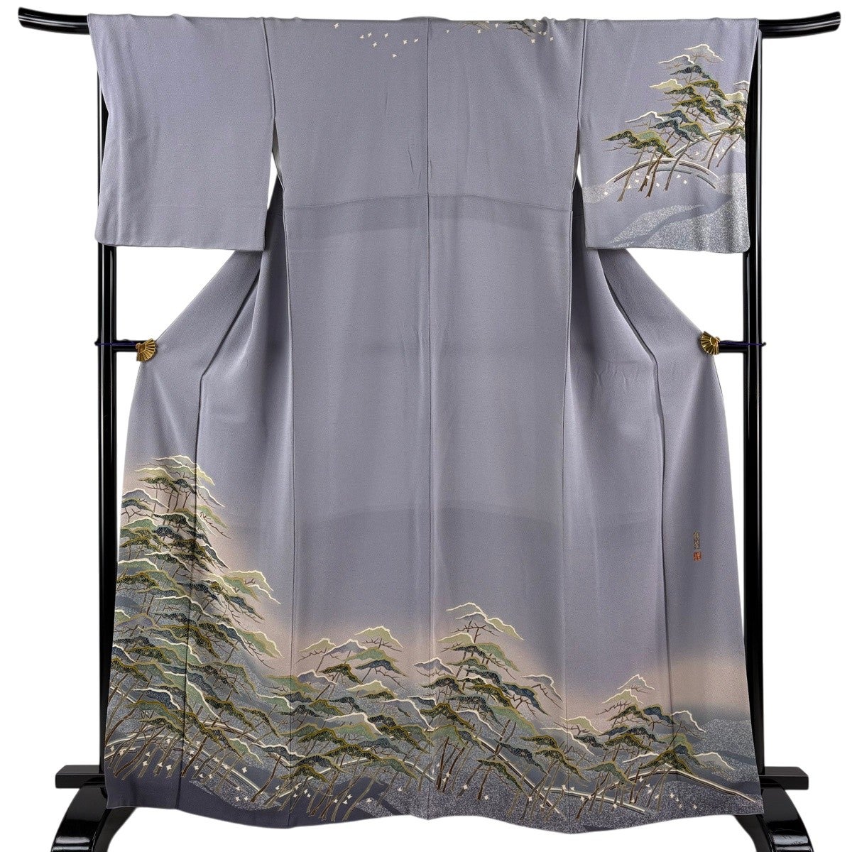 小紋 身丈158cm 裄丈69cm L 袷 波 ぼかし 青 正絹 美品 秀品 【中古