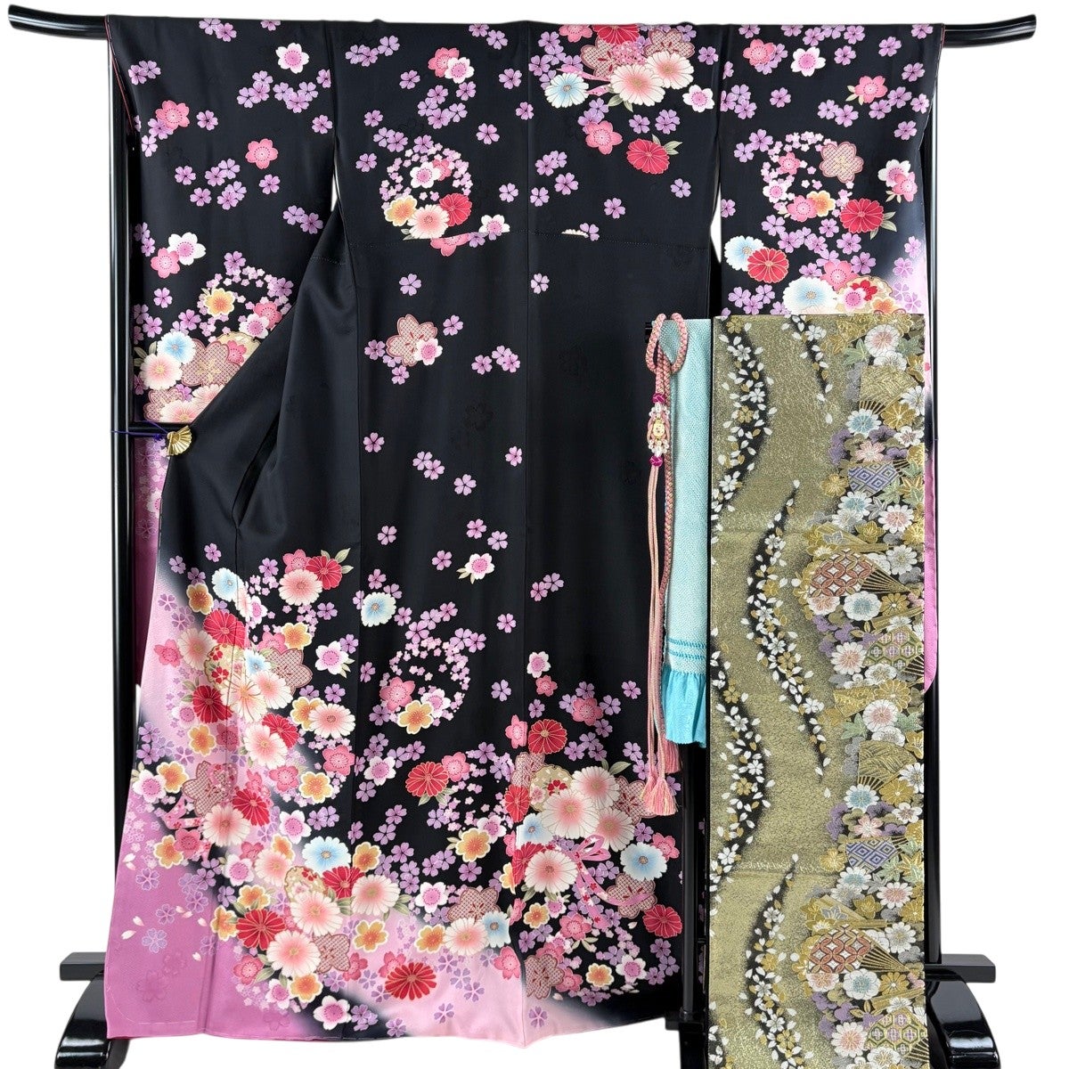 美品】 振袖 身丈168cm 裄丈68cm L 袷 袋帯フルセット 雪輪 草花 金糸