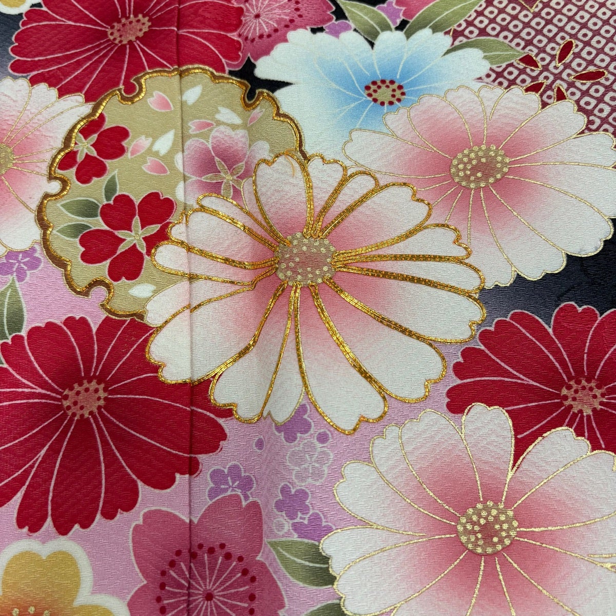 美品】 振袖 身丈168cm 裄丈68cm L 袷 袋帯フルセット 雪輪 草花 金糸