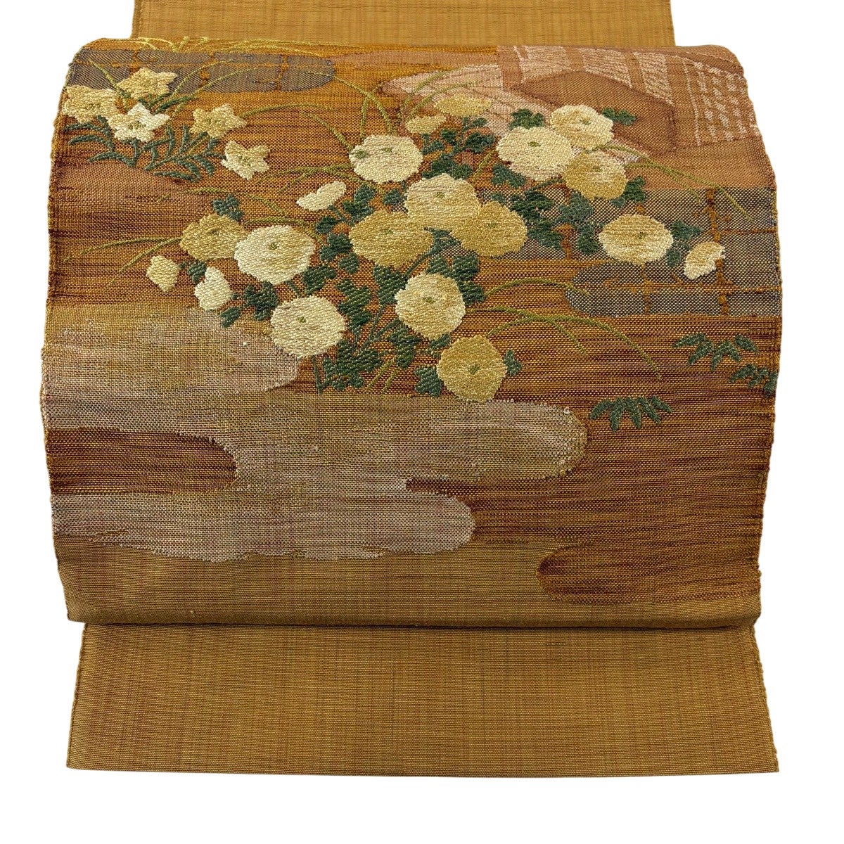 美品】 名古屋帯 優品 八寸名古屋帯 松葉仕立て 菊 ヱ霞 黄土色 正絹