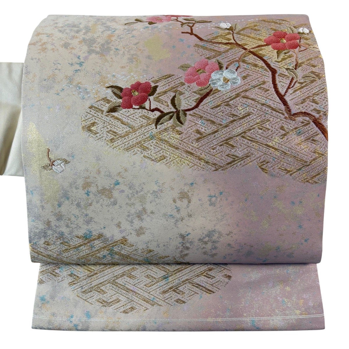 美品☆生絹 着物帯 ベージュ 美品】 名古屋帯 逸品 猫 枝花 ベージュ 正絹｜中古・古着・リサイクル