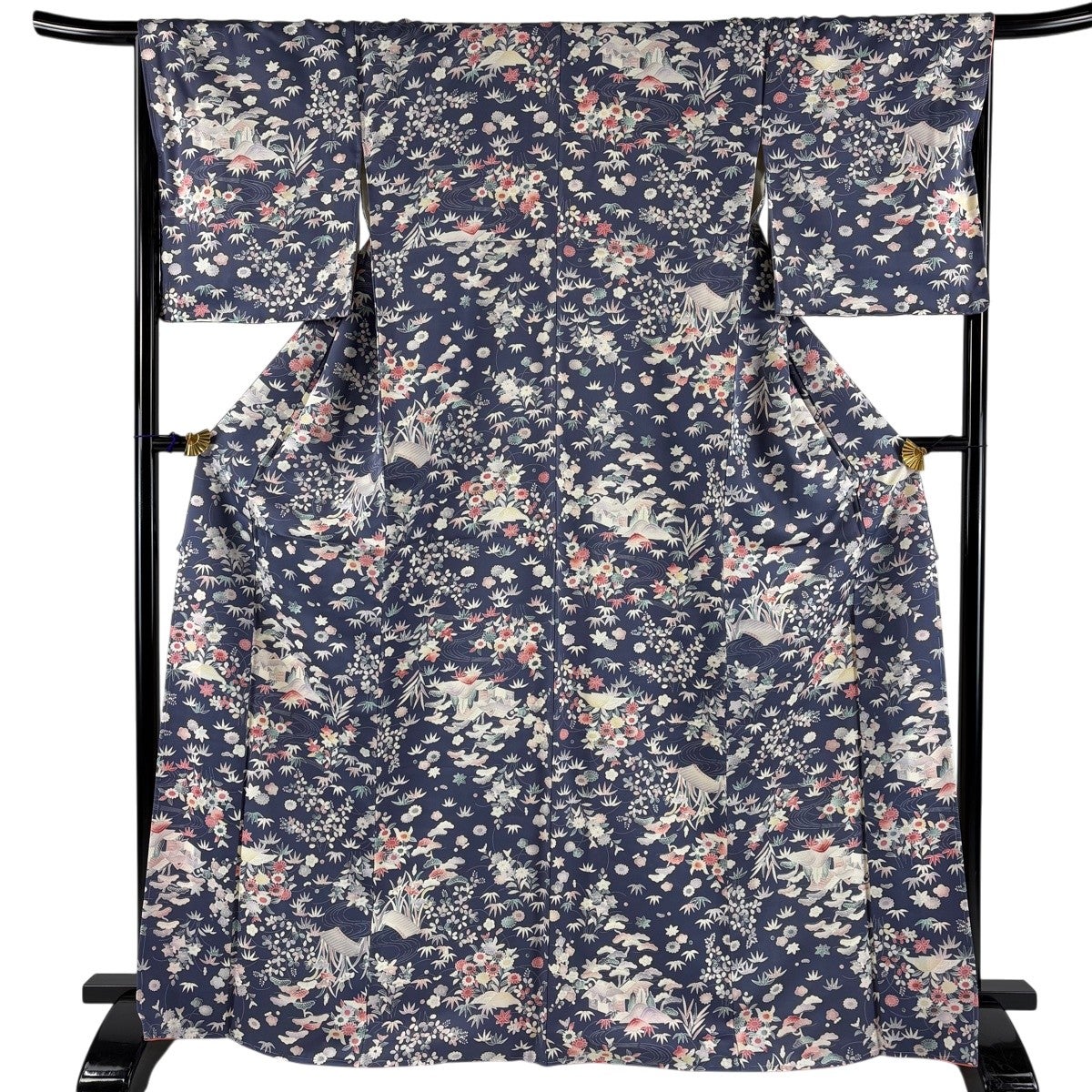 小紋 身丈154cm 裄丈65.5cm M 袷 桜 麻の葉 灰緑 化繊 優品｜中古