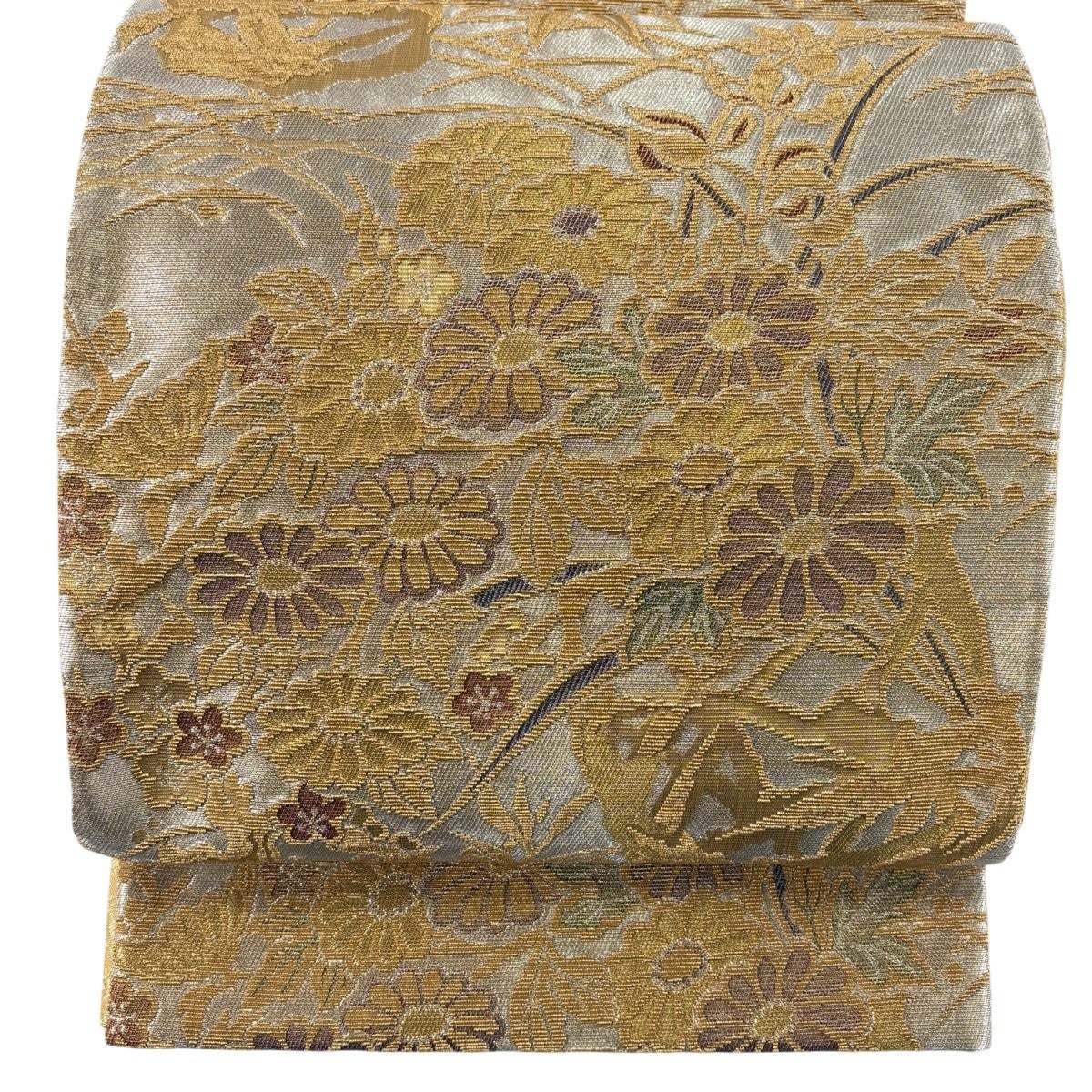 袋帯 秀品 夏帯 絽 草花 霞 金銀糸 白 お太鼓柄 正絹｜中古・古着
