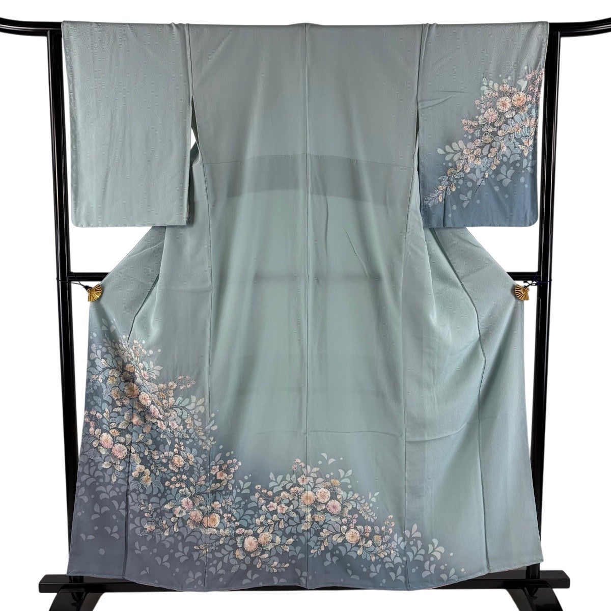 訪問着 身丈154cm 裄丈61cm S 袷 草花 家屋 金糸 水色 正絹 名品｜中古