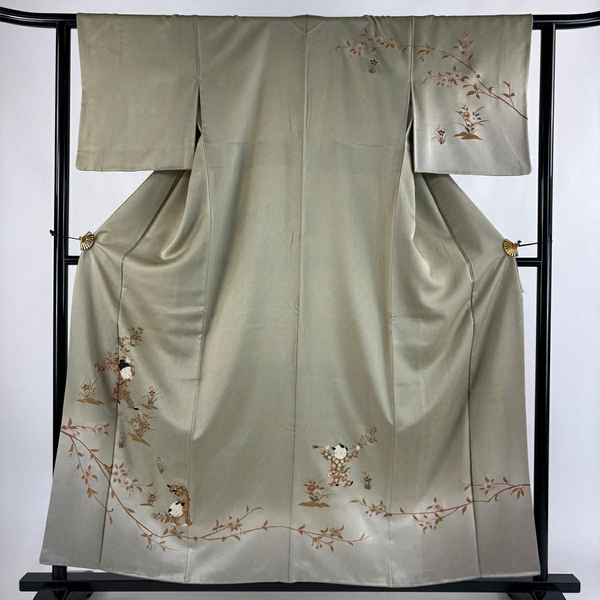 訪問着 身丈154cm 裄丈62.5cm S 袷 枝花 金彩 ぼかし 鶯色 正絹 秀品