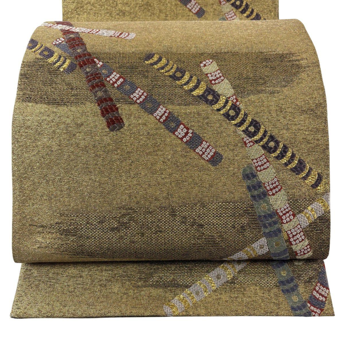 美品】 袋帯 秀品 本袋 幾何学 金糸 茶緑色 六通 正絹｜中古・古着