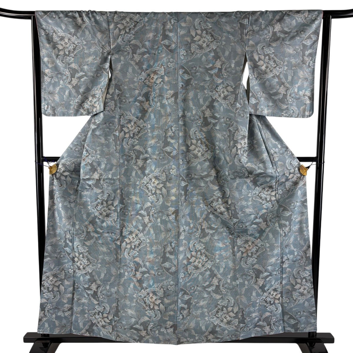 小紋 身丈171.5cm 裄丈63cm S 袷 草花 市松 縮緬 茶緑色 正絹 秀品