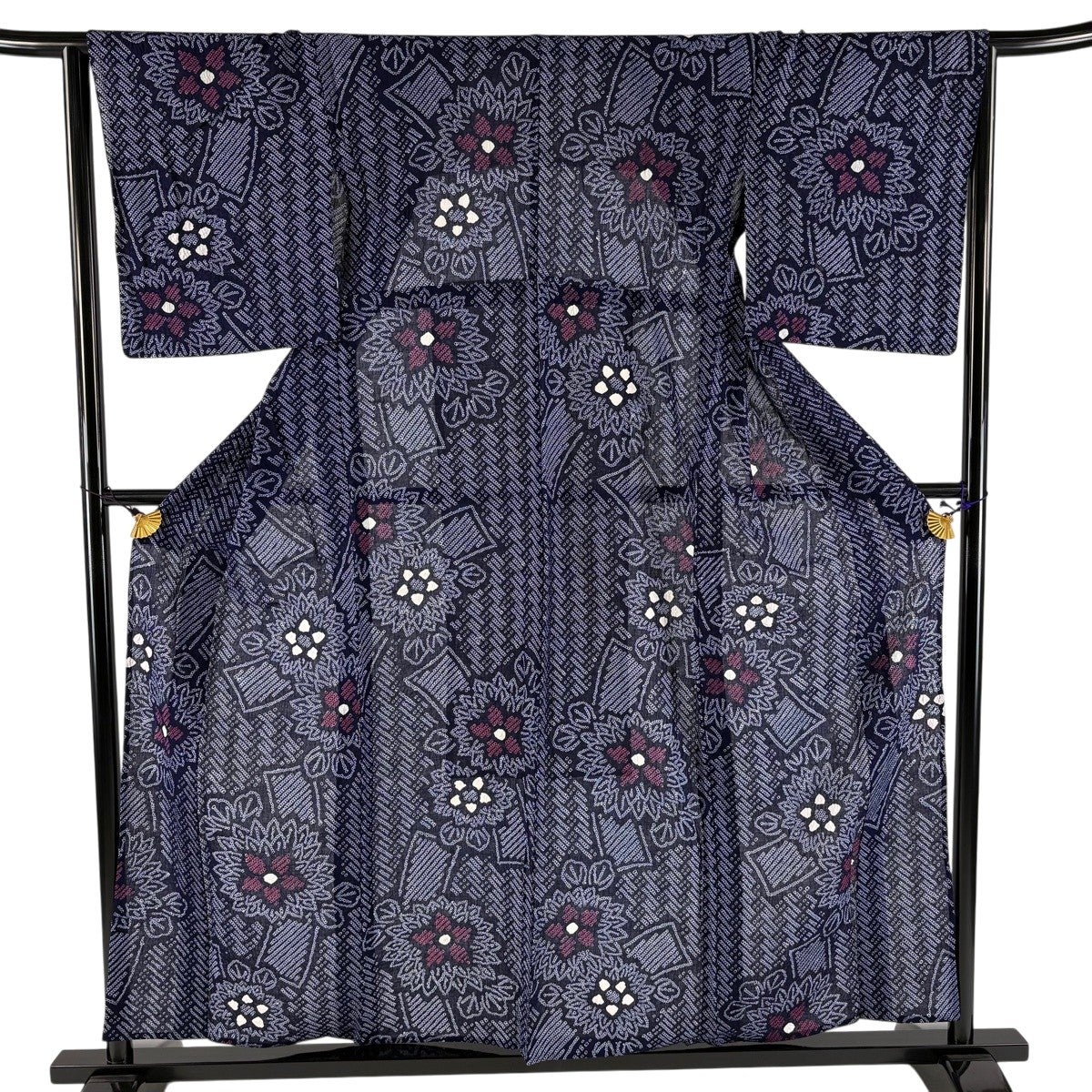 美品】 浴衣 身丈158.5cm 裄丈64cm M 絞り浴衣 草花 短冊 濃紺 綿 名品