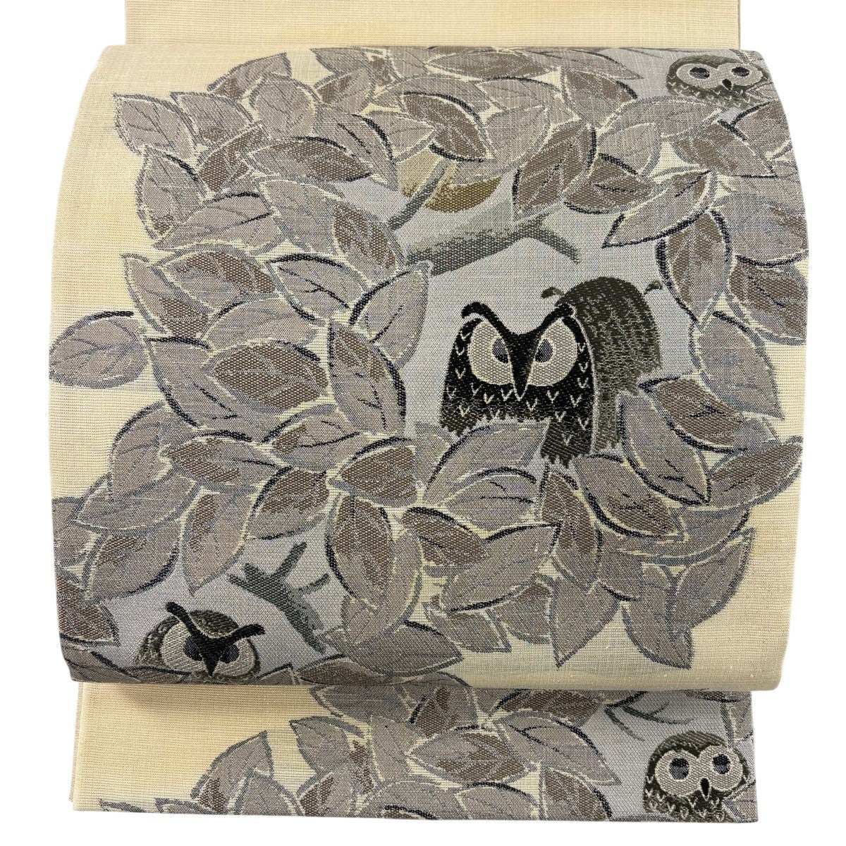 50%OFF 【美品】 袋帯 逸品 森のつどい ふくろう 止まり木 黒 お太鼓柄