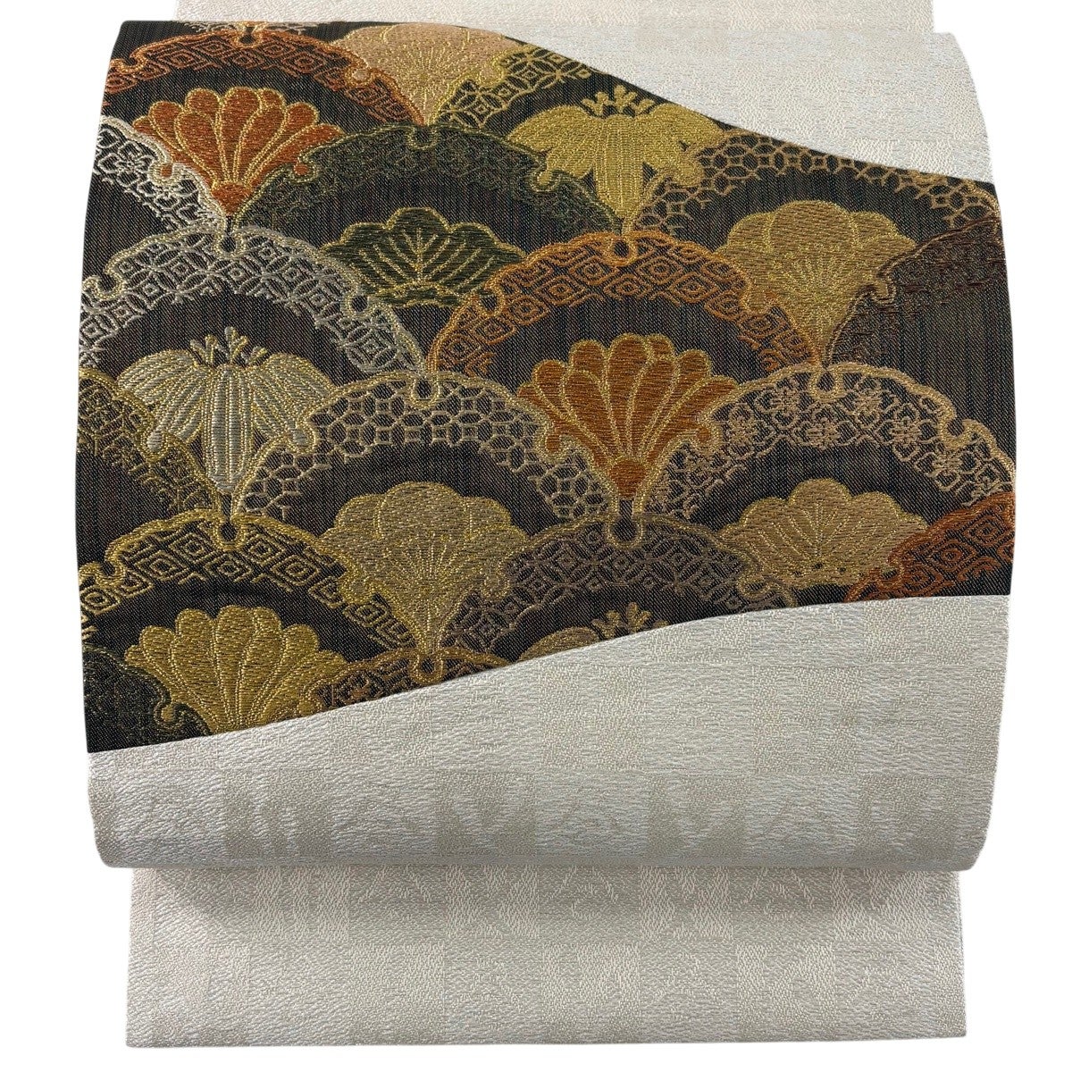 開き名古屋帯 優品 菊青海波 雪輪 金糸 クリーム 正絹｜中古・古着