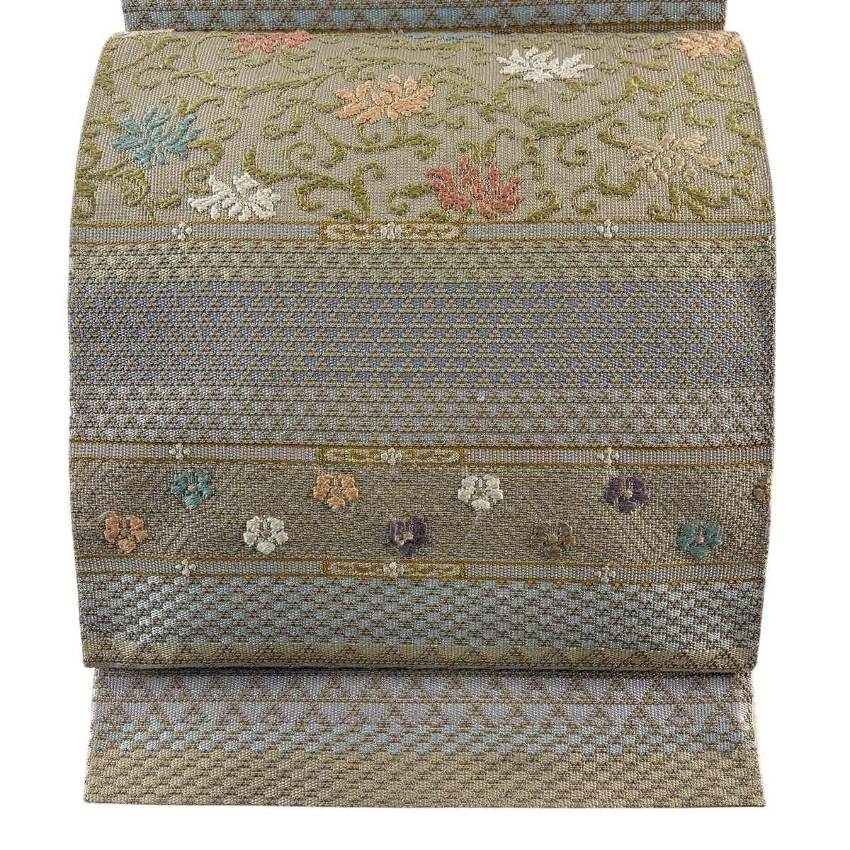 美品】 袋帯 秀品 風景 樹木 銀糸 灰緑 お太鼓柄 正絹｜中古・古着