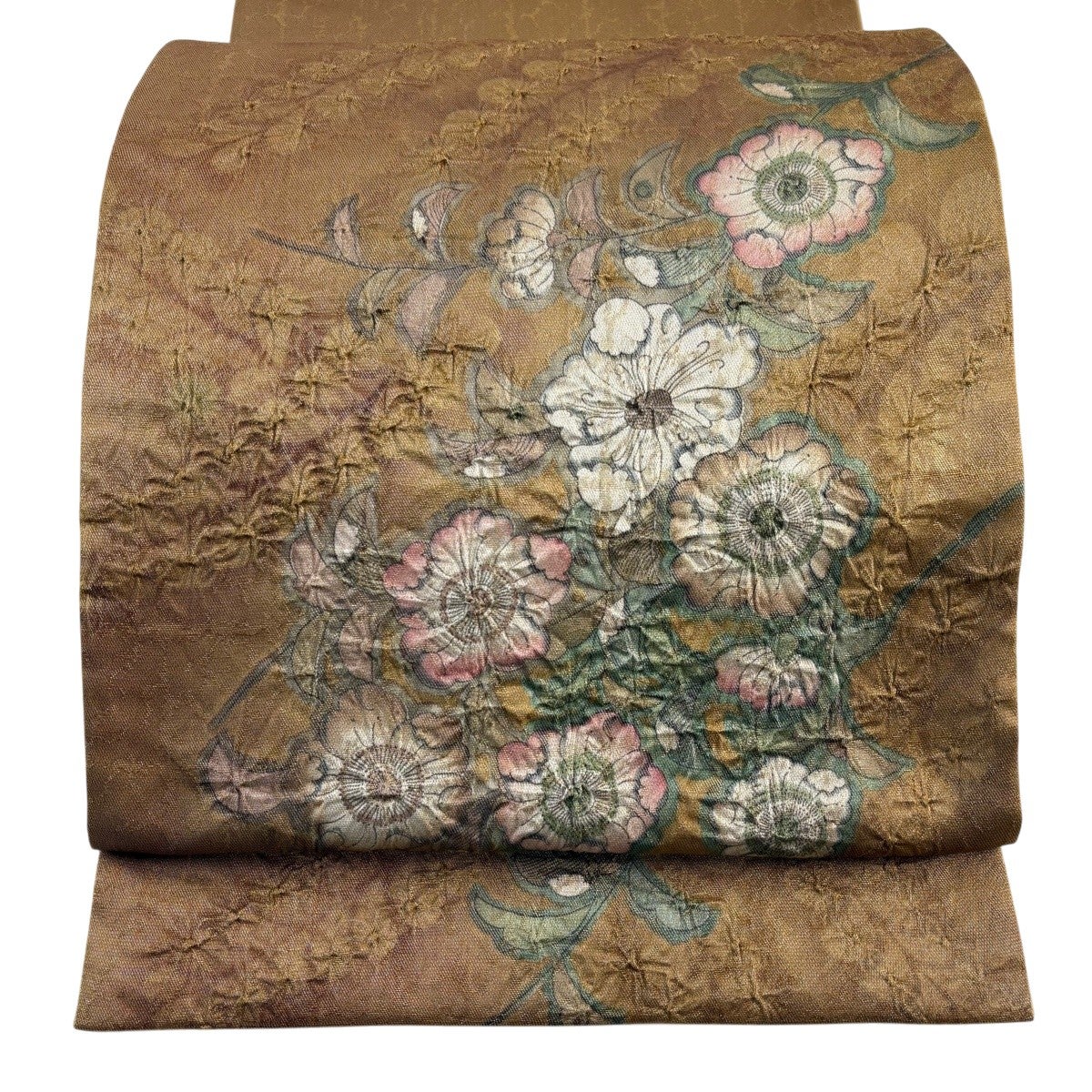 美品】 袋帯 名品 落款あり 辻が花 格子 箔 ピンク お太鼓柄 正絹