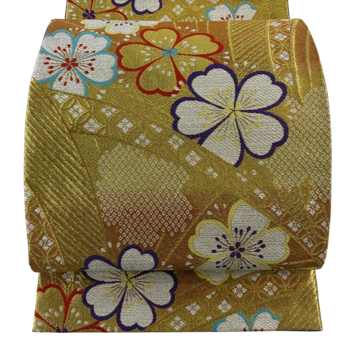 美品】 袋帯 名品 華文 菊 金糸 箔 茶紫 六通 正絹｜中古・古着