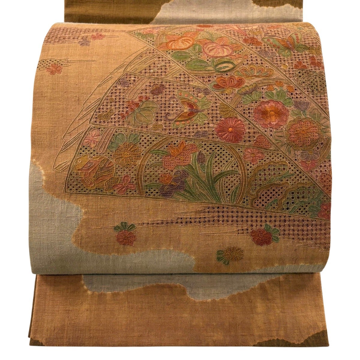 袋帯 逸品 草花 蝶 金糸 金通し 灰緑 お太鼓柄 正絹｜中古・古着