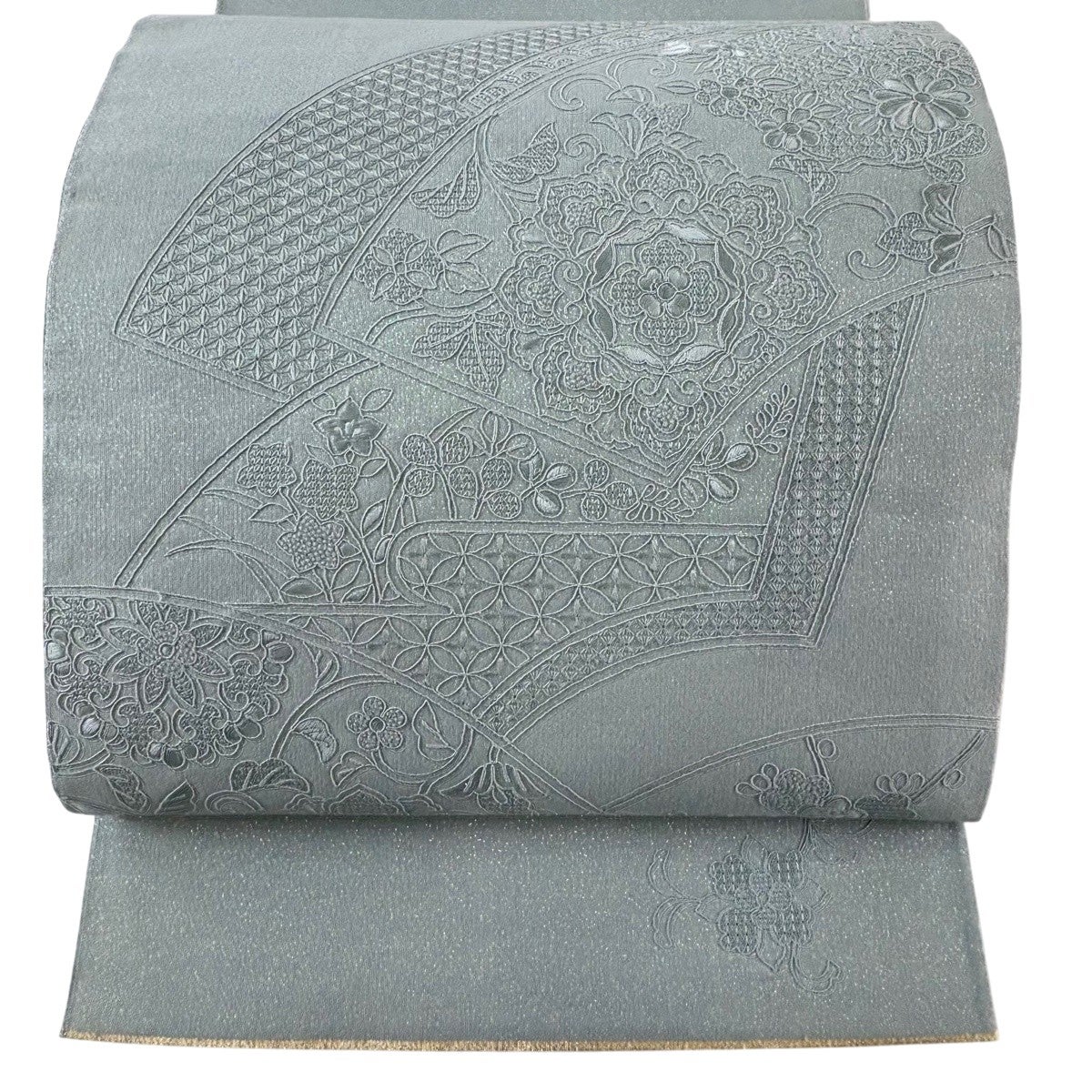 袋帯 秀品 扇面 草花 金彩 箔 金色 お太鼓柄 正絹｜中古・古着