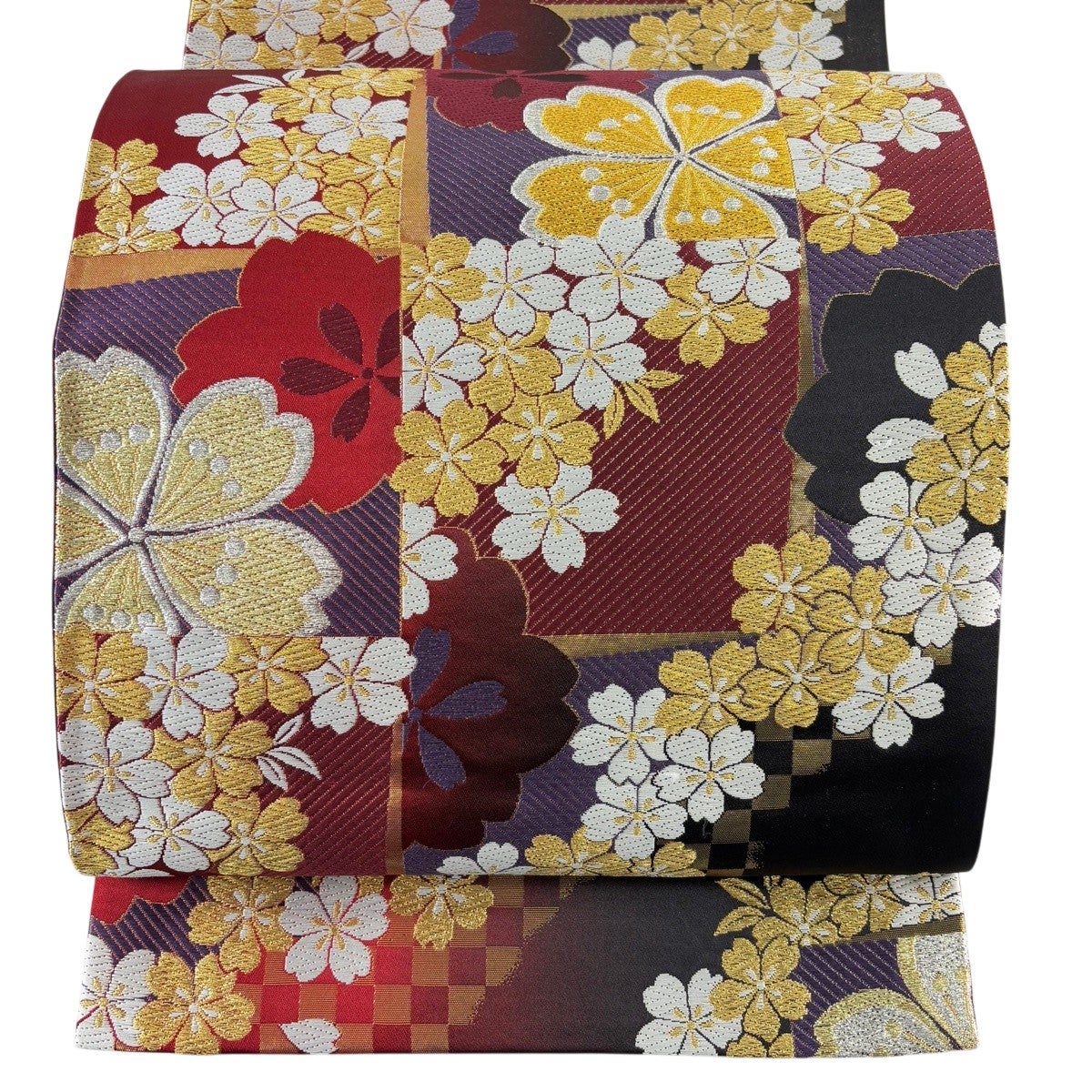 袋帯　振袖帯　流線　桜花模様　桜花　花びら　金糸　着物　帯　033k 美品】 袋帯 秀品 振袖向き 夢桜 桜 花びら 金銀糸 箔 薄紫 六通 正絹