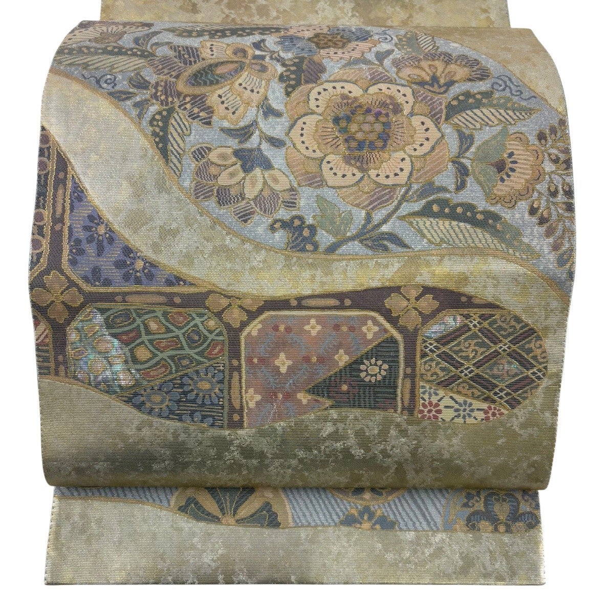 袋帯 秀品 童 花 螺鈿 箔 金色 お太鼓柄 正絹｜中古・古着・リサイクル