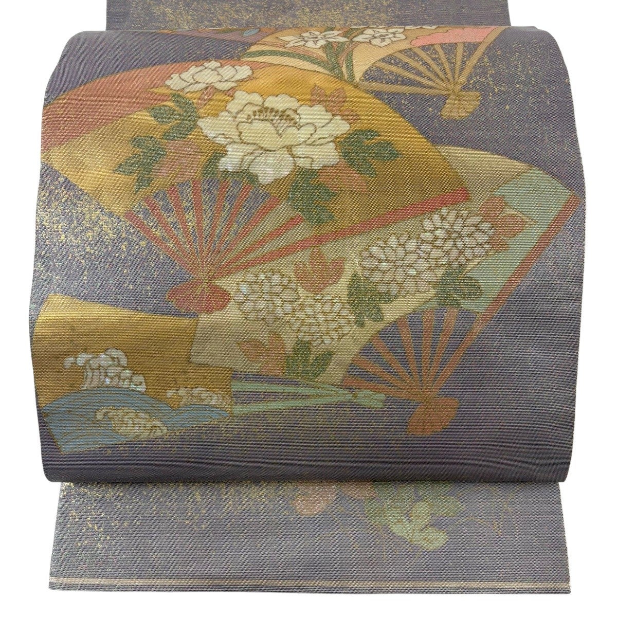 袋帯 秀品 扇面 風景 金糸 箔 金色 お太鼓柄 正絹｜中古・古着