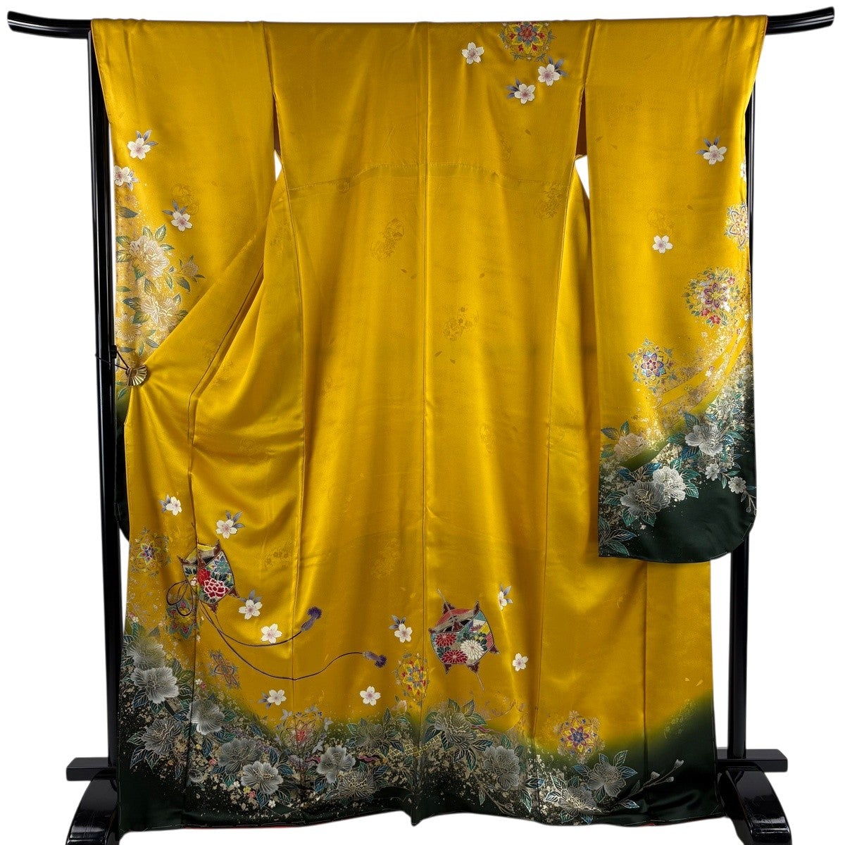 振袖 身丈162.5cm 裄丈66.5cm M 袷 糸巻き 桜 金銀彩 染め分け 朱色