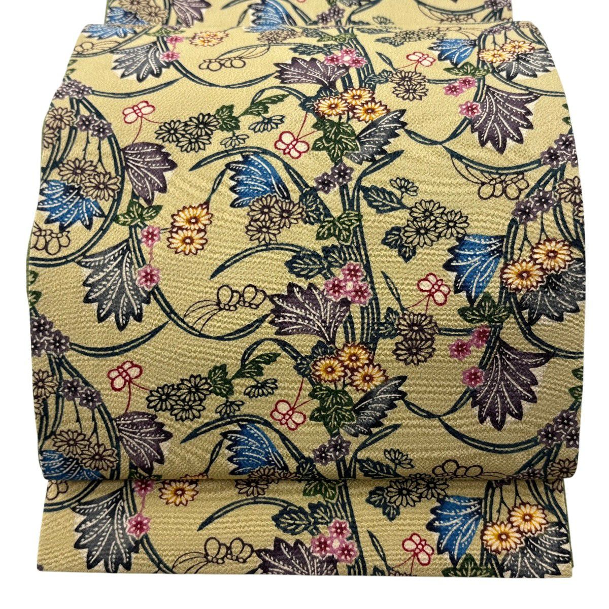 名古屋帯 逸品 落款あり 紅型 平野晋二郎 紬地 草花 鳥 青灰色 正絹