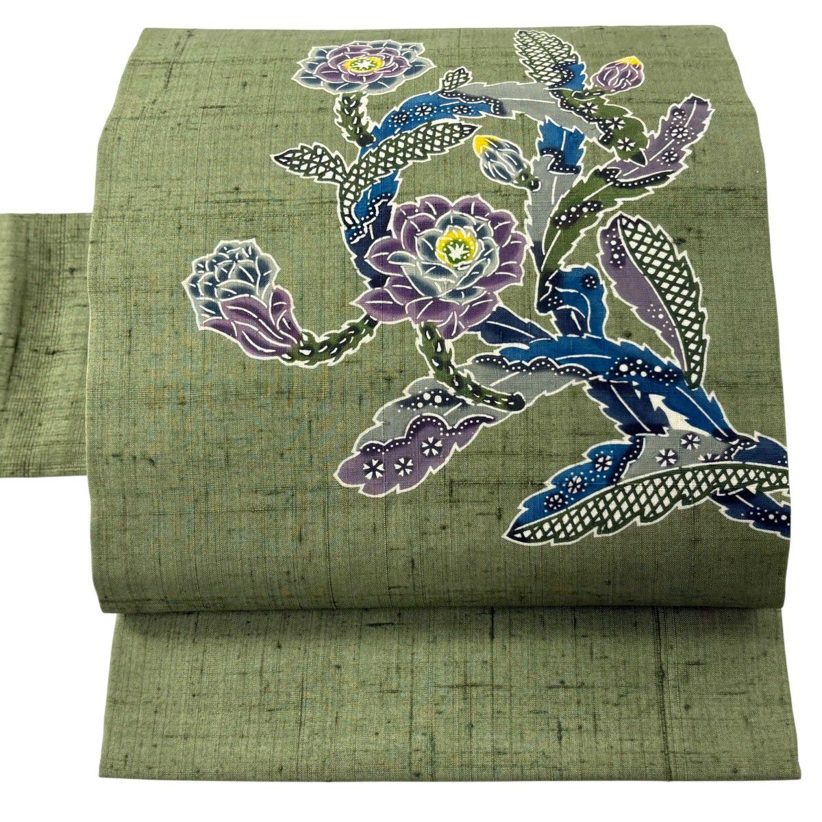 名古屋帯 逸品 落款あり 知念紅型工房 琉球びんがた 草花 よもぎ色