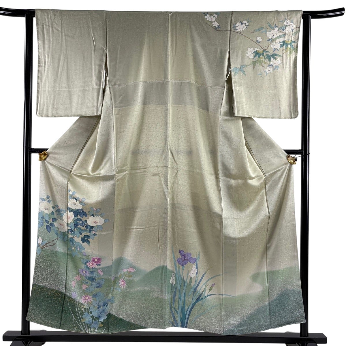 訪問着 身丈154cm 裄丈62.5cm S 袷 枝花 金彩 ぼかし 鶯色 正絹 秀品