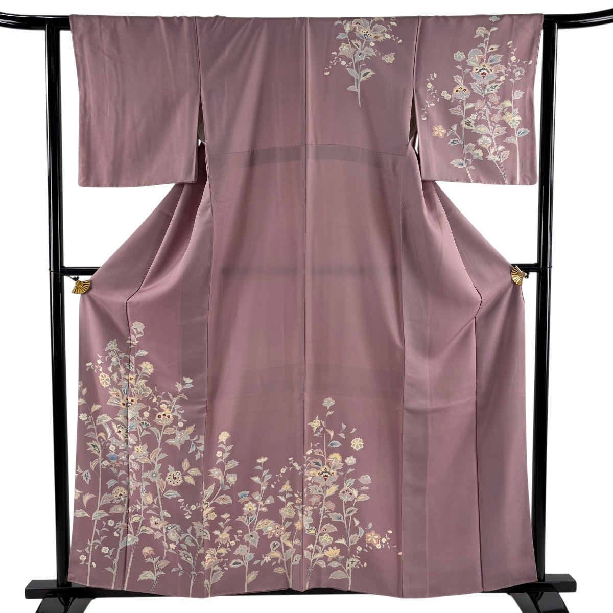 付下げ 身丈159cm 裄丈62.5cm S 袷 菊 ヱ霞 刺繍 金彩 濃紫 正絹 秀品