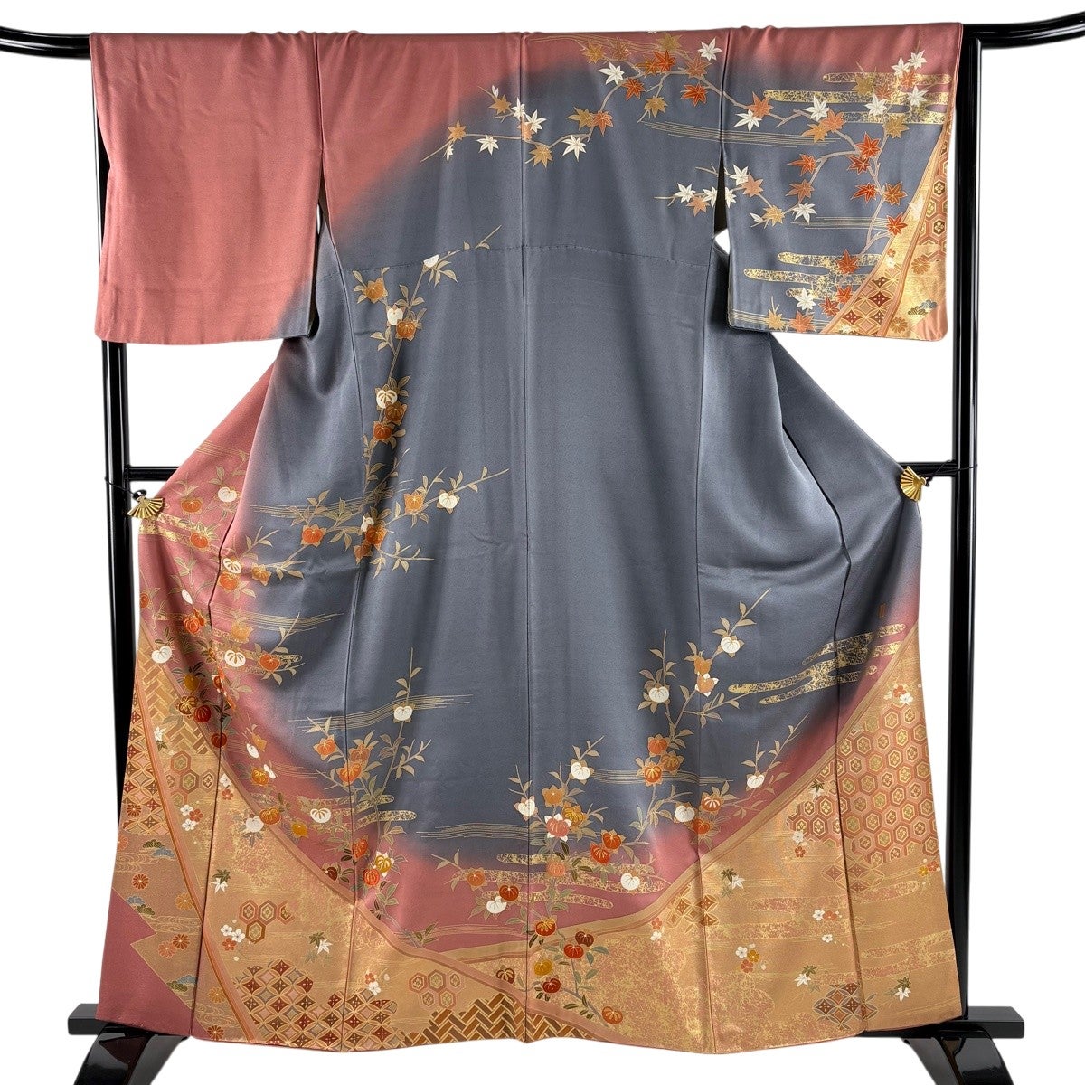 訪問着 身丈162cm 裄丈65.5cm M 袷 蝶 橘 金彩 薄緑 正絹 名品｜中古