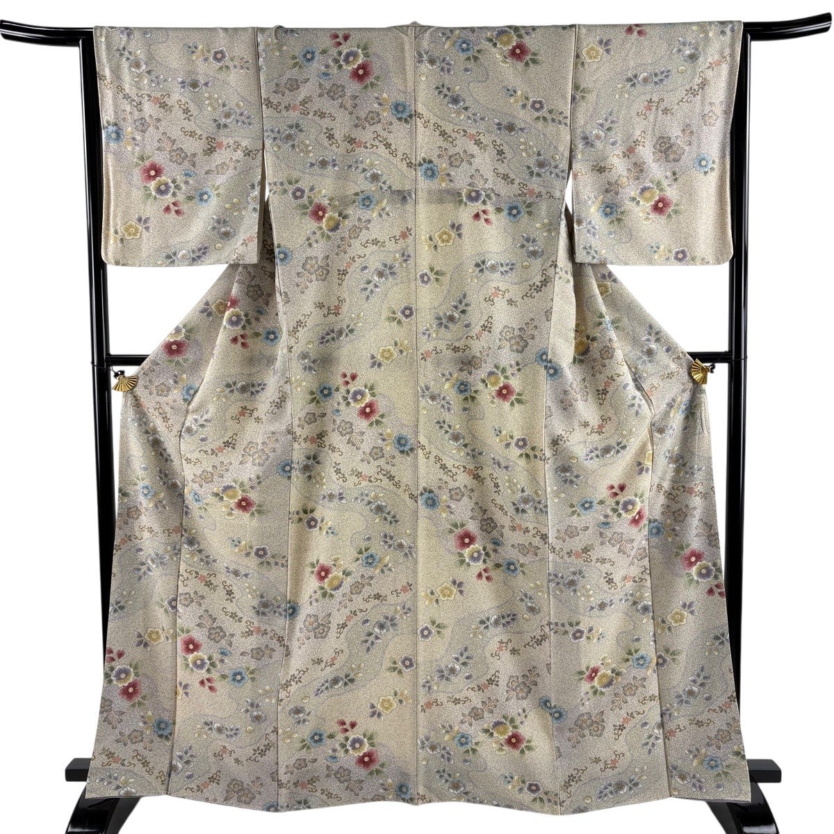 小紋 身丈166cm 裄丈64.5cm M 袷 草花 花唐草 金彩 ベージュ 正絹 秀品