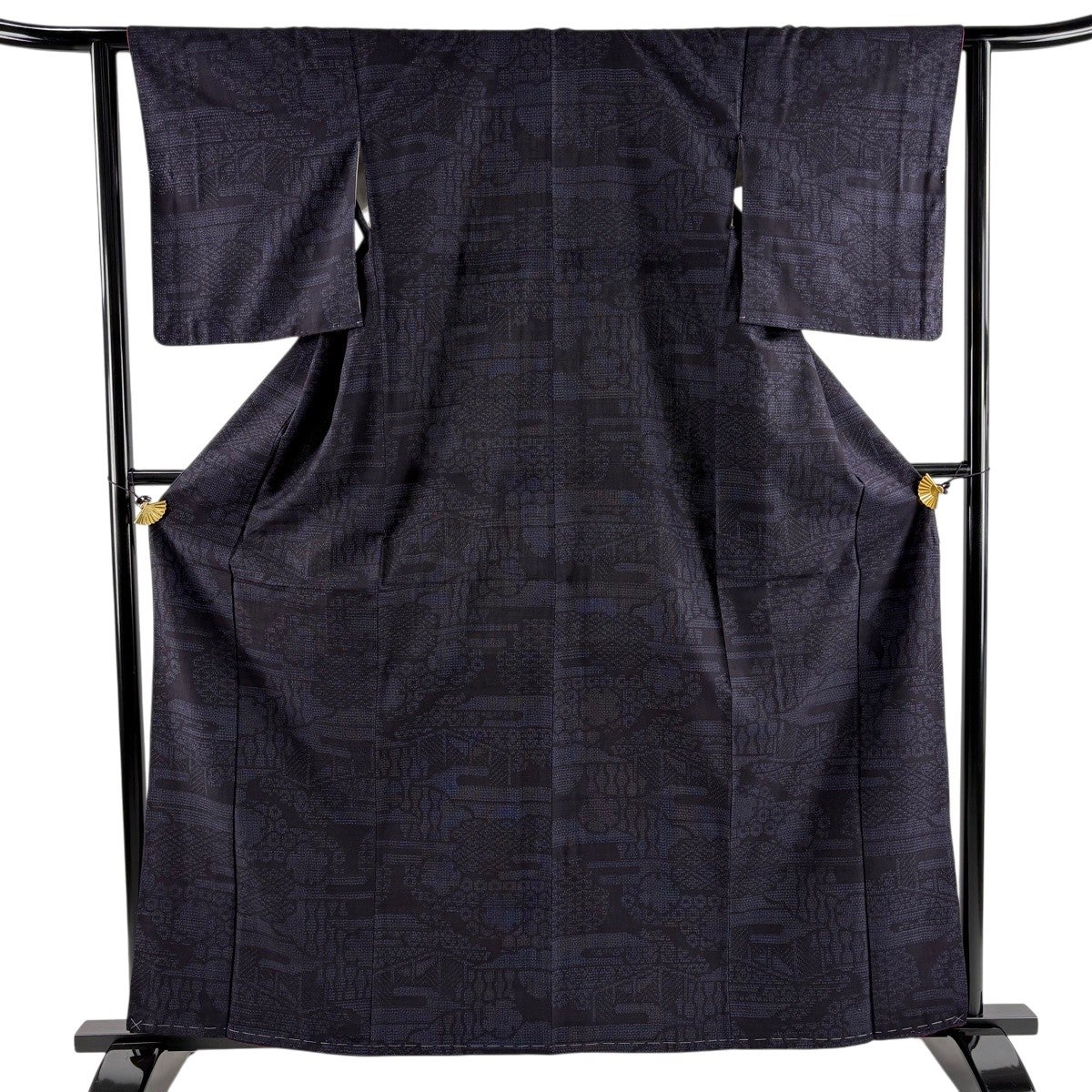 美品】 結城紬 身丈159cm 裄丈66cm M 単衣 証紙あり 華文 花唐草 紺色