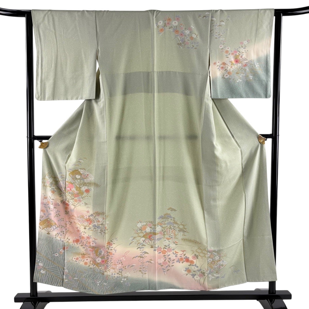 付下げ 身丈159cm 裄丈66.5cm M 袷 扇 菊 金彩 染め分け 薄緑 正絹 秀
