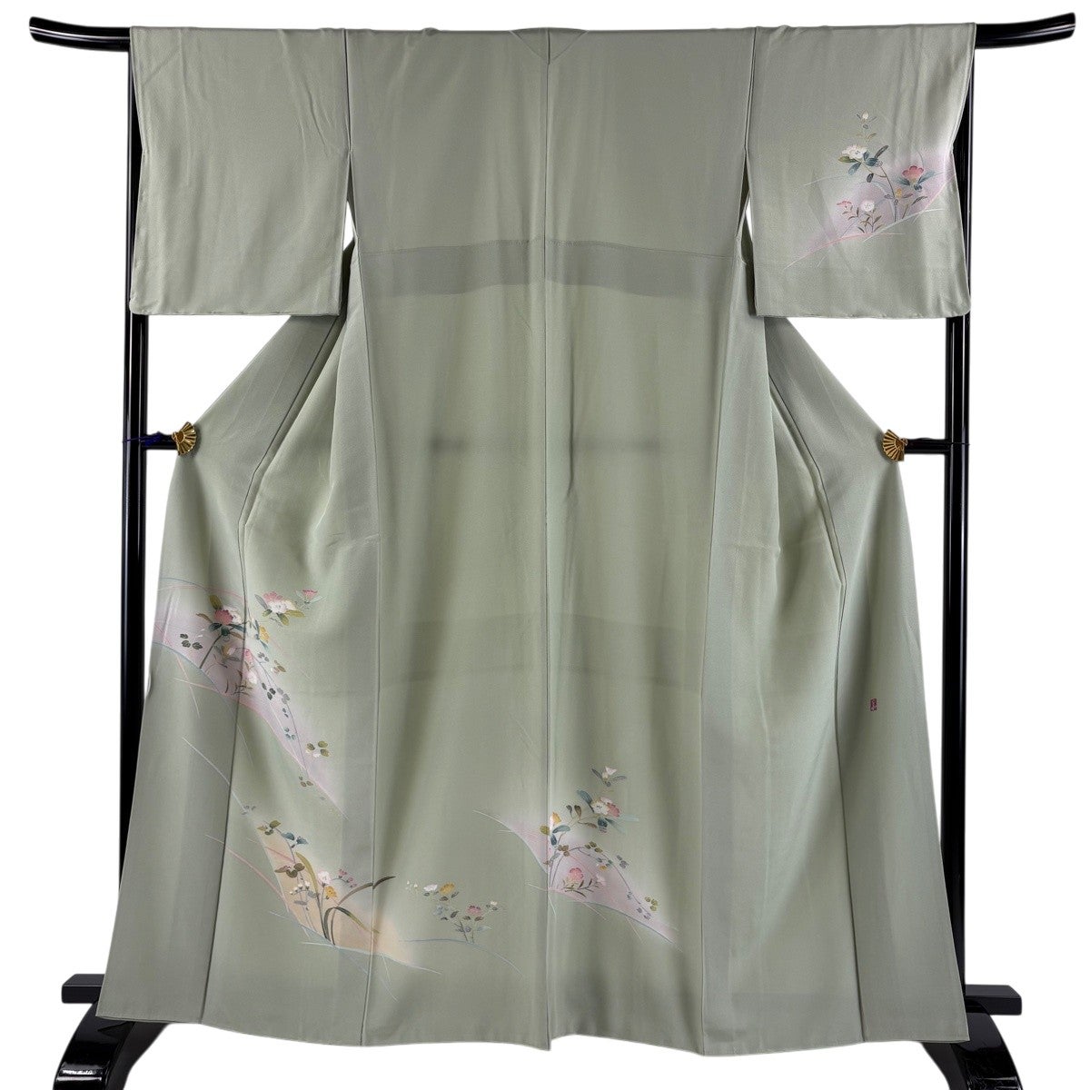 訪問着 身丈162cm 裄丈61cm S 袷 扇面 草花 刺繍 ぼかし 薄緑 正絹 秀