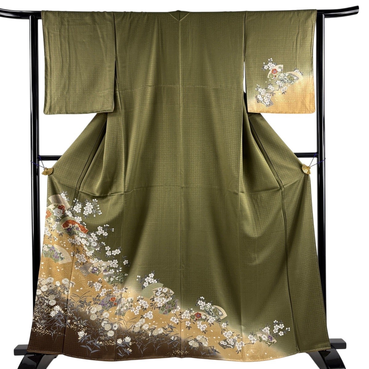 付下げ 身丈162cm 裄丈62.5cm S 袷 扇面 草花 金彩 ぼかし 茶緑色 正絹