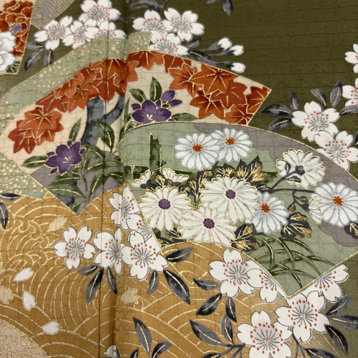 付下げ 身丈162cm 裄丈62.5cm S 袷 扇面 草花 金彩 ぼかし 茶緑色 正絹