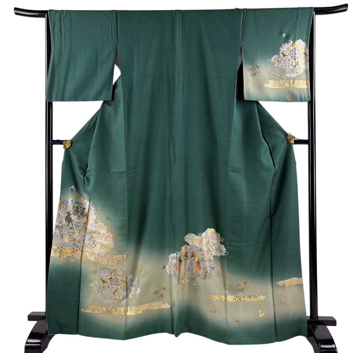 訪問着 身丈163cm 裄丈64cm M 袷 向かい鳥 華文 刺繍 深緑 正絹 秀品