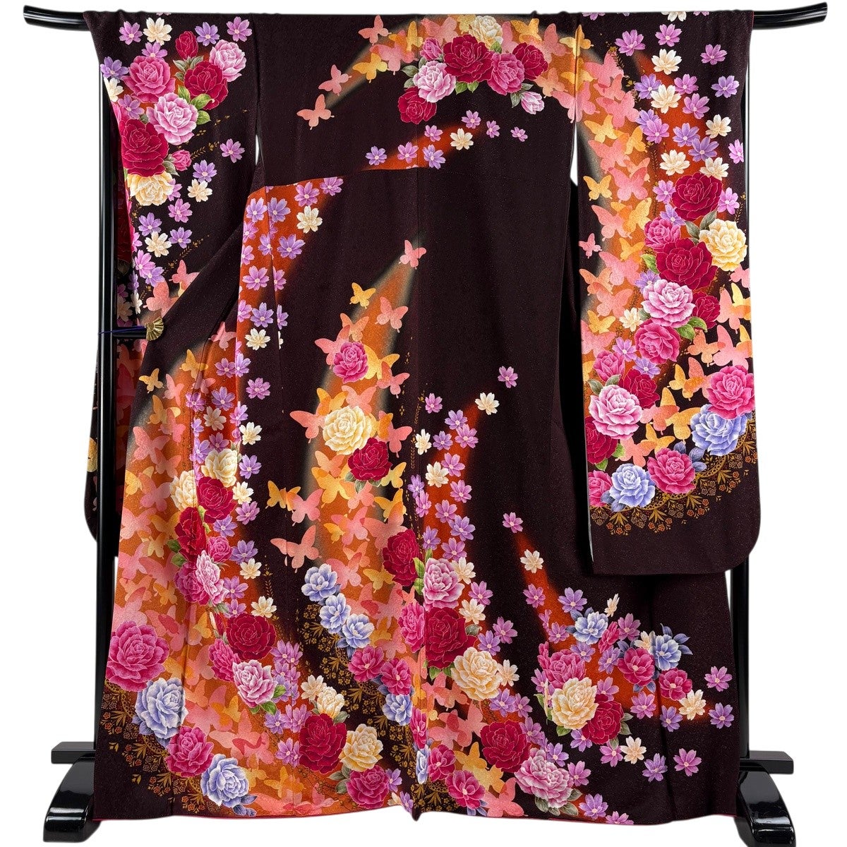 豪華振袖・刺繍ラインストーン・正絹 美品】 振袖 身丈168cm 裄丈69.5cm L 袷 薔薇 蝶 刺繍 ラインストーン