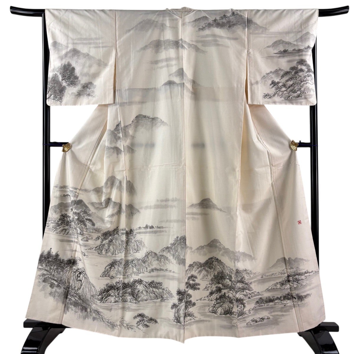 「縁」155ｃｍ～161ｃｍ 作家物 白山紬 無地 訪問着 正絹 Ｂ７５６ 訪問着 身丈161.5cm 裄丈66cm M 袷 牛首紬地 落款あり 樹木 山並み