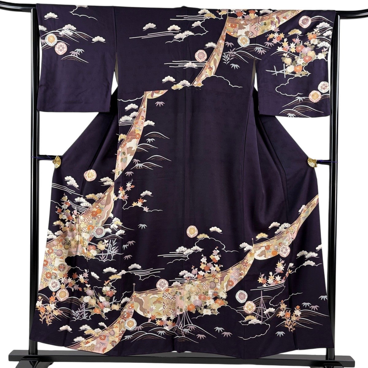 訪問着 身丈154cm 裄丈64cm M 袷 松竹梅 菊 金糸 金彩 濃紫 正絹 名品