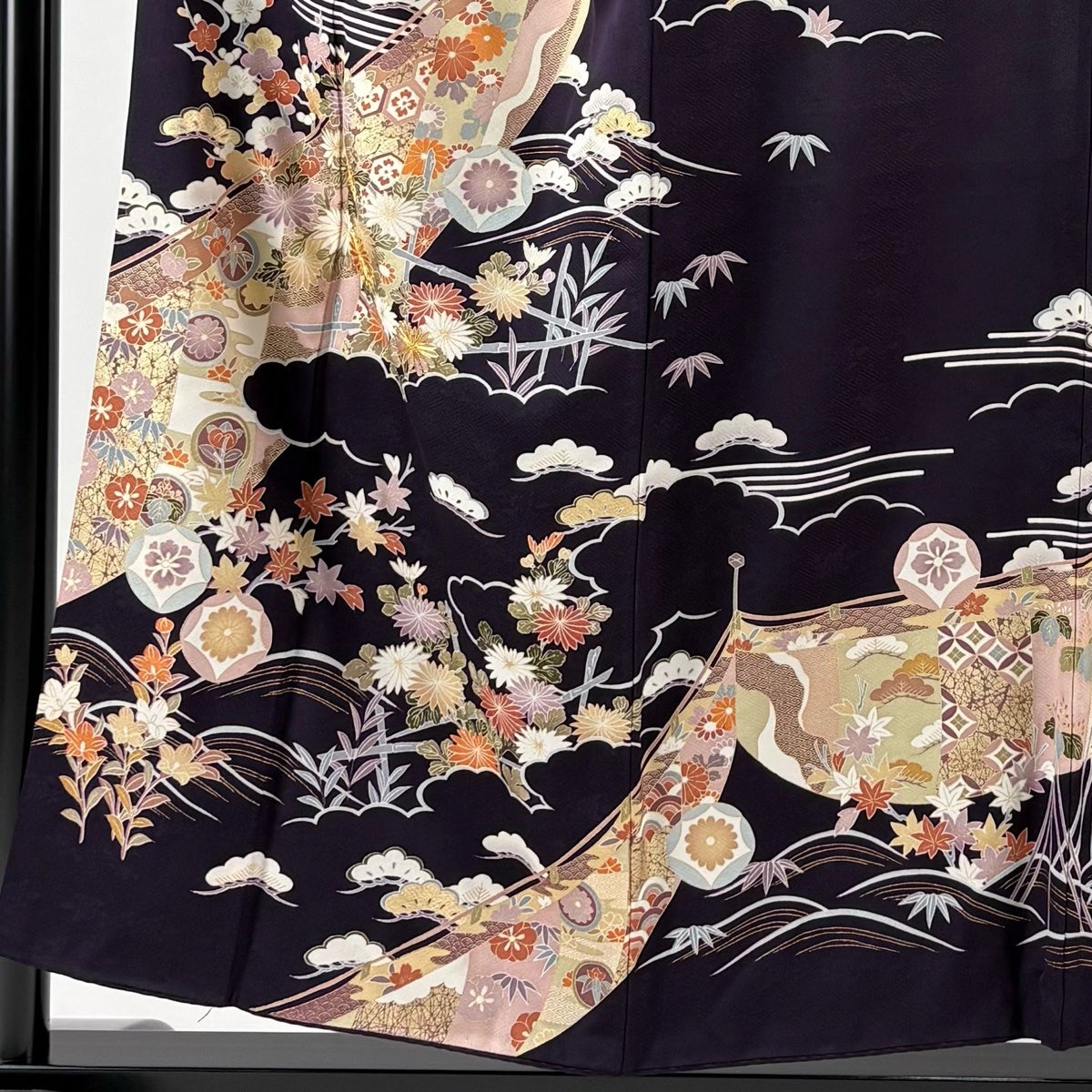 訪問着 身丈154cm 裄丈64cm M 袷 松竹梅 菊 金糸 金彩 濃紫 正絹 名品