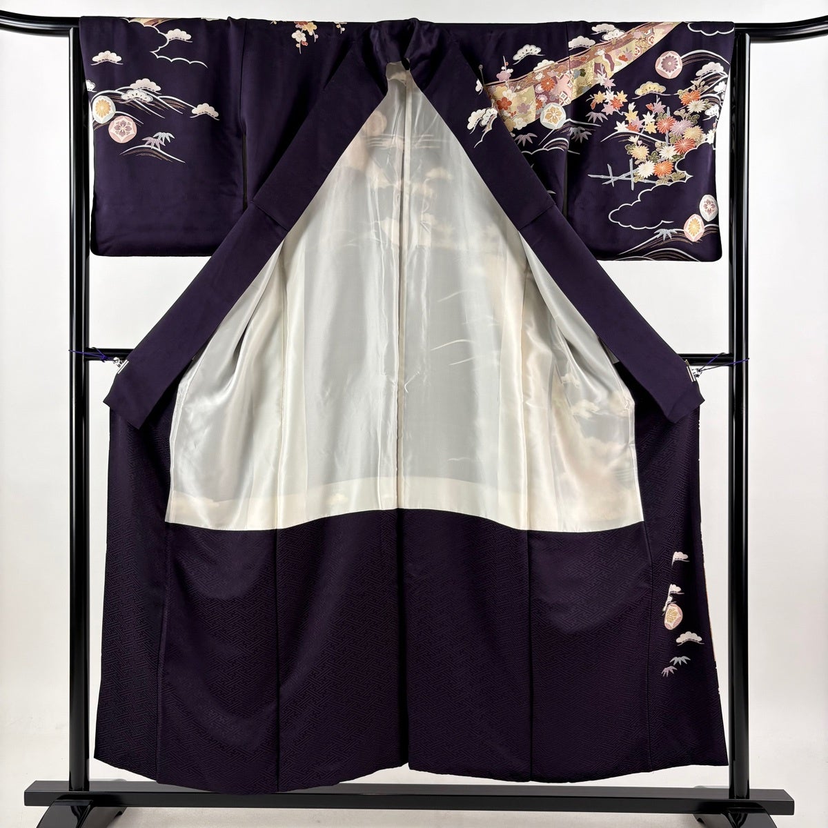 訪問着 身丈154cm 裄丈64cm M 袷 松竹梅 菊 金糸 金彩 濃紫 正絹 名品
