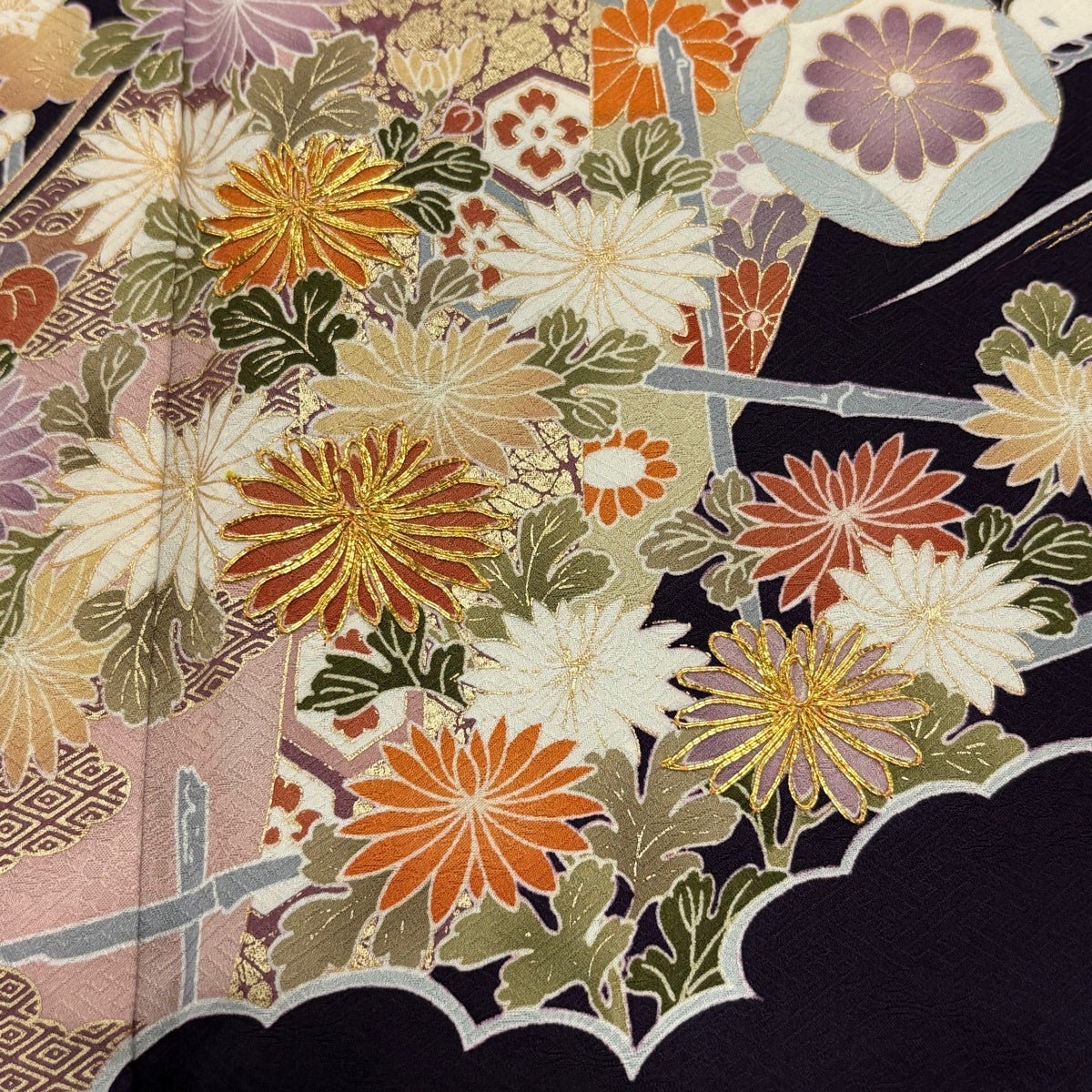 訪問着 身丈154cm 裄丈64cm M 袷 松竹梅 菊 金糸 金彩 濃紫 正絹 名品