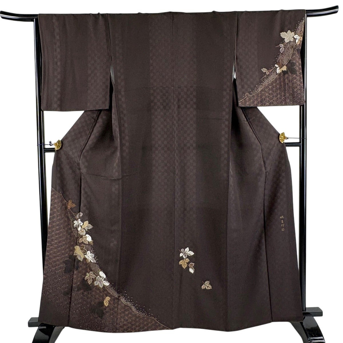 美品】 付下げ 身丈163cm 裄丈66cm M 袷 紬地 御所車 菊 刺繍 灰緑