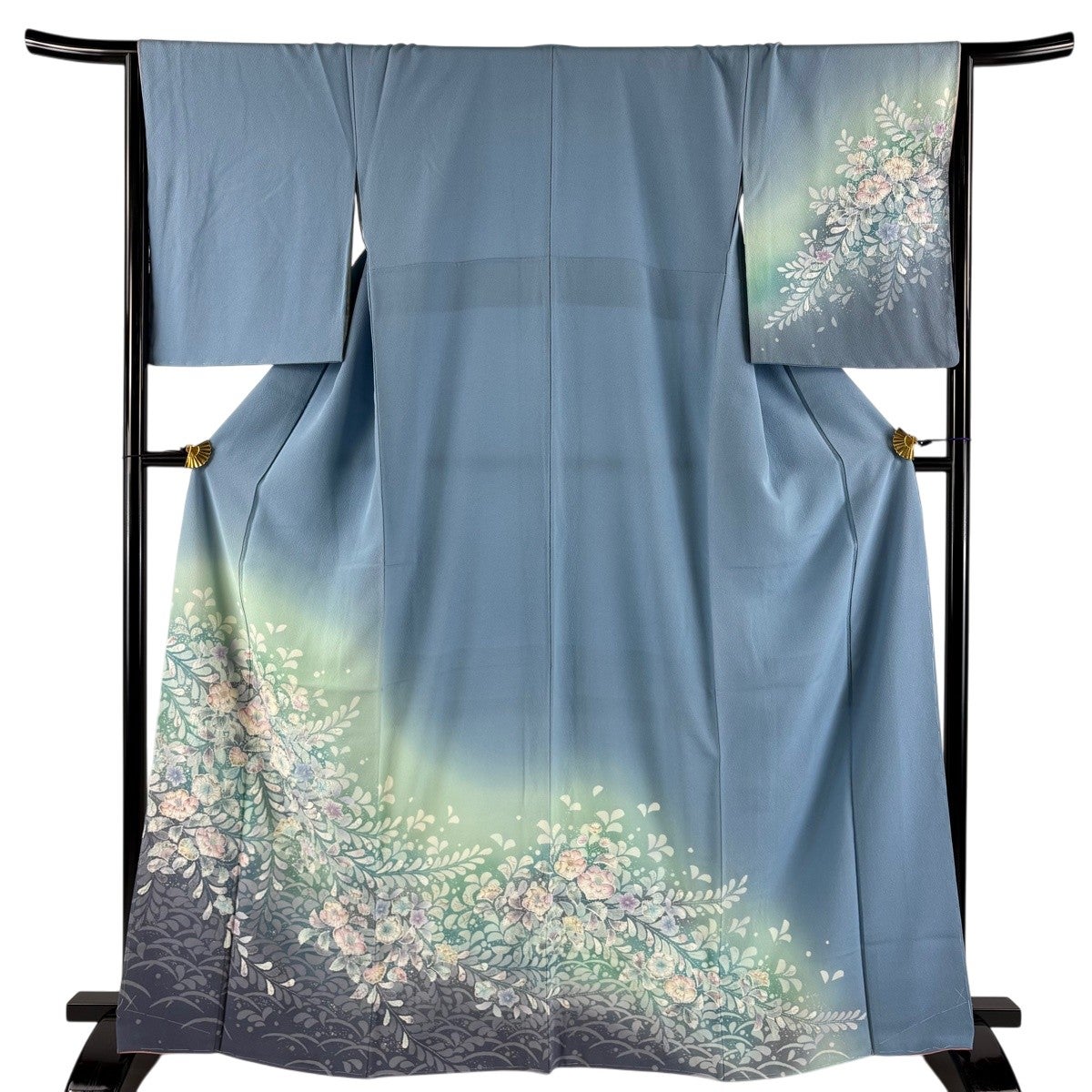 ★正絹★新品・未使用品★裄６８㎝★グレー基調に辻が花★ 訪問着 身丈165cm 裄丈66cm M 袷 鈴乃屋 辻が花 ぼかし 水色 正絹 名品