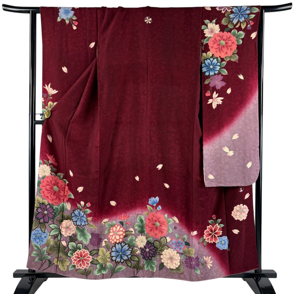 正絹絞り振袖 赤紫花柄　身丈155cm 紫の絞りの染め模様と菊花の振袖【K-09】｜振袖ギャラリー｜浜松市で